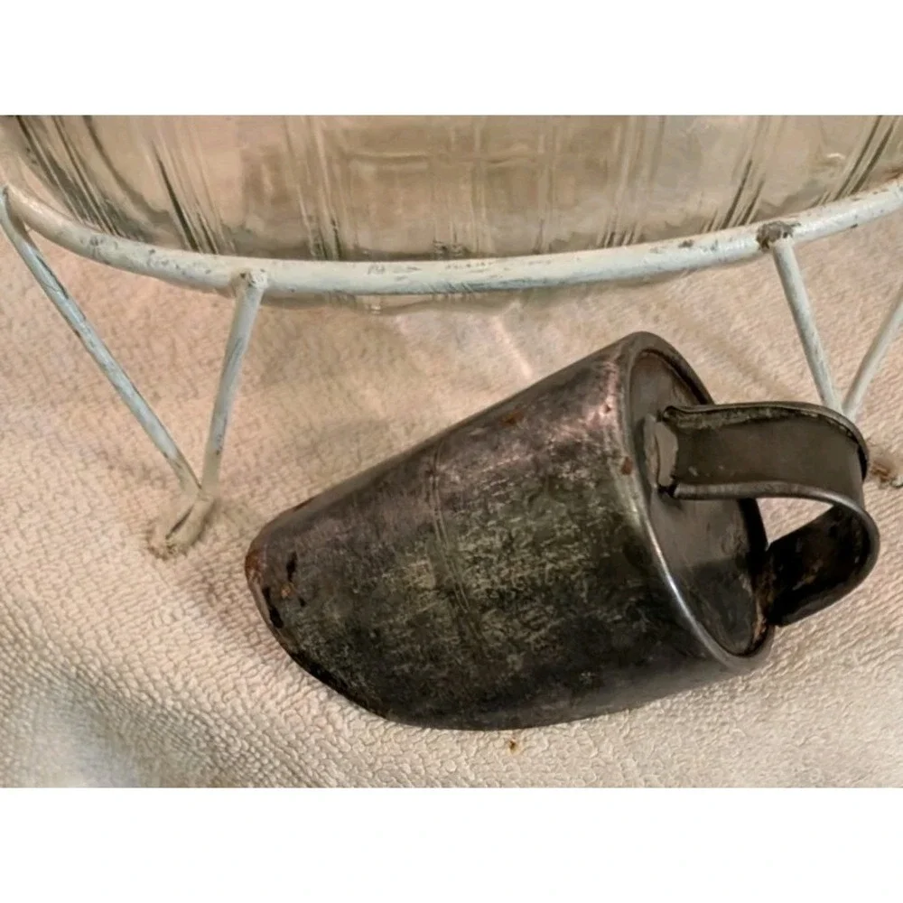 Antique Glass Jar Canister w/ Tin Lid & Scoop & Wire Stand Sellers Hoosier  S